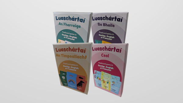 All four Luaschártaí flashcard sets shown together – An Fharraige, An Timpeallacht, Sa Bhaile, and Ceol.